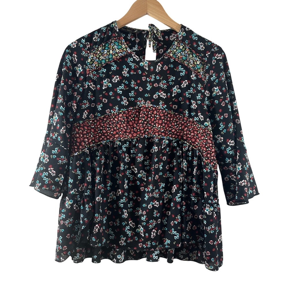 Zara Basic Women's Black Floral Mixed Print Peplum Blouse Tie Back Boho Top M